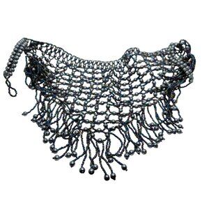 Gray pearls peacock beads mesh bib necklace